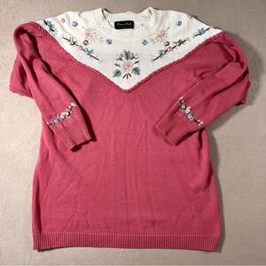 Floral Embroidered Pink Sweater vintage 80s retro style size medium